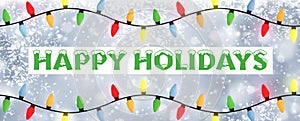 White snowflake greetings text Christmas banner with lights