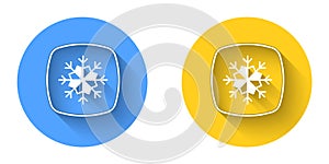 White Snowflake icon isolated with long shadow background. Merry Christmas and Happy New Year. Circle button. Vector