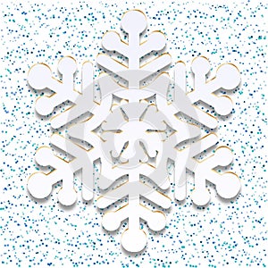 White snowflake icon with shadow on blue confetti background. Symbol of xmas, snow, cold weather, frost. Winter design element