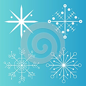 White snowflake icons collection in line style isolated on blue background. New year design elements, frozen symbol, Vector