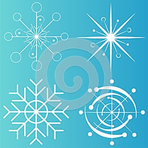 White snowflake icons collection in line style isolated on blue background. New year design elements, frozen symbol, Vector