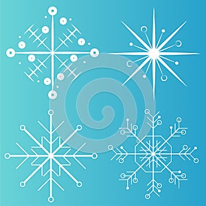 White snowflake icons collection in line style isolated on blue background. New year design elements, frozen symbol, Vector