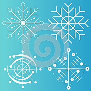 White snowflake icons collection in line style isolated on blue background. New year design elements, frozen symbol, Vector