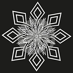 White snowflake pattern. Geometric winter shape. Black background contrast. Abstract cold vector.