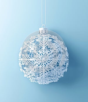 A white snowflake-patterned ornament hanging against a light blue background. photo