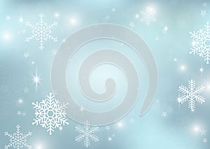 White snowflakes with blurred bokeh and sparkling light on blue background vector illustration