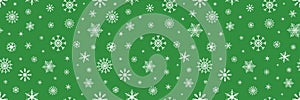 White snowflakes on green banner. Snowflake Christmas background. Happy Holiday card. Hello winter border. Color