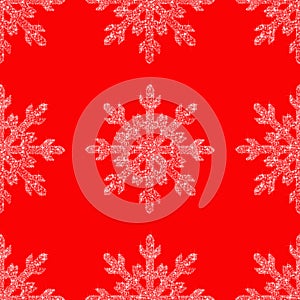 White snowflakes on a red background. Square. Preparation for winter holidays. Merry Christmas and happy New year. Background.