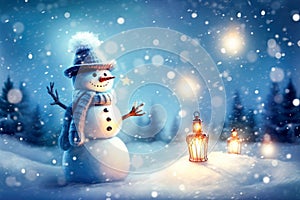 White snowman closeup on blue background, top view. Merry Christmas and Happy New Year holiday concept