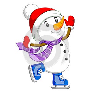 A white snowman is dancing with the blue ice skating shoes