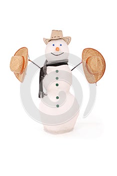 White snowman with scarf and three hat.