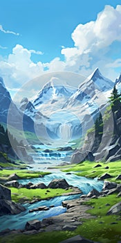 Anime-inspired Adventure Landscape: Majestic Mountain With Water Stream photo