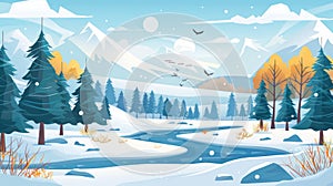 A white snowy landscape with trees, a frozen stream, clouds and flying birds in a blue sky illustrating a winter