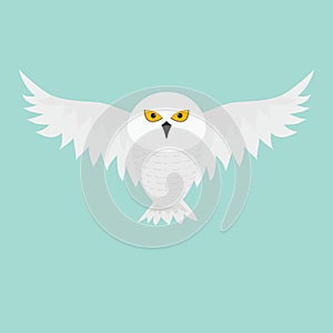 White Snowy owl. Flying bird with big wings. Yellow eyes. Arctic Polar animal collection. Baby education. Flat design. Isolated.