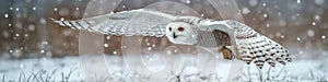 white snowy owl flying hunting in winter