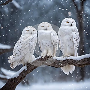 White Snowy Owls Perched On Winter Tree