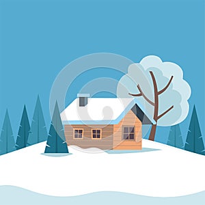 White snowy winter landscape with cute country house and mountains and trees. Vector illustration in flat style.