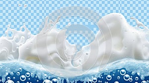 White soap froth texture with bubbles, seamless border, foamy frame. Sea or ocean wave, laundry cleaning detergent spume