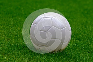 A White Soccer Ball Football on a field with green grass