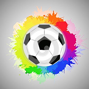 White soccer ball with watercolor rainbow spray.