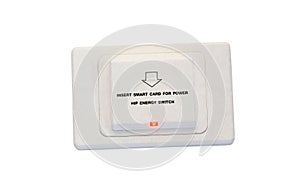 White socket with text reading Insert smart card for power installed on wall in luxurious hotel or resort room isolated on white