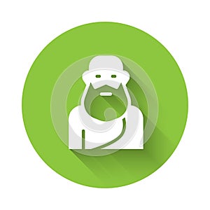 White Socrates icon isolated with long shadow. Sokrat ancient greek Athenes ancient philosophy. Green circle button