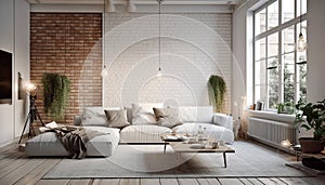 White sofa against brick wall. Interior design of modern living room. Created with generative AI