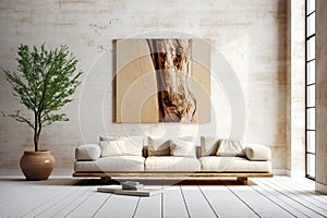 White sofa against concrete wall with art poster. Japanese style home interior design of modern living room