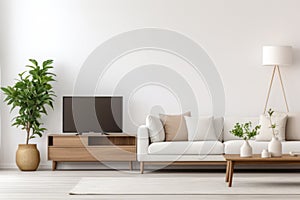 White sofa against tv unit and wooden shelf on white wall. Scandinavian minimalist home interior design of modern living room