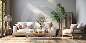 White sofa and armchair with pink cushions against grey wall. Scandinavian interior design of modern living room. Created with