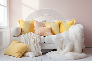 White sofa with beige, yellow and white color pillows and fur and woolen blankets. Cozy living room interior