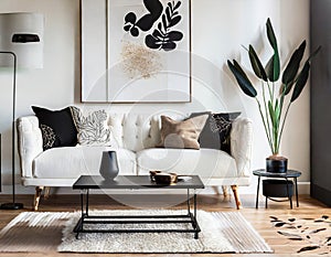 White sofa and black coffee table against white wall with art poster. Scandinavian boho home interior design of modern living room