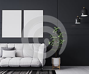 White sofa in cozy home interior, dark living room with poster frame mockup