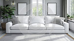 White sofa with cushions in bright living room, green plant adds touch of nature. Setting is ideal for modern interior