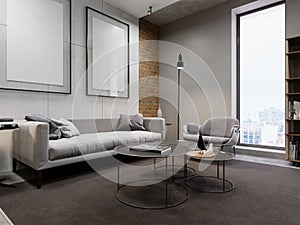 White sofa with a designer chair and a black lamp, on the background is a concrete wall with an empty picture. window, carpet,