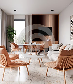 White sofa and dining table and chairs against planks paneling wall with tv. Mid-century interior design of modern living room,
