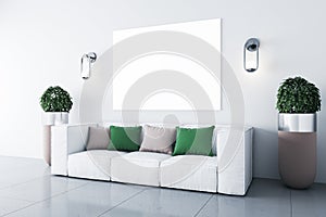 White sofa with green and pink cushions in a bright room with a blank poster on the wall, corner view, 3d rendering, mock up