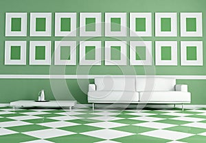 White sofa on green and white chessboard floor