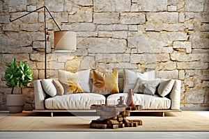 White sofa and hand crafted coffee table against stone cladding wall. Rustic home interior design of modern living room in country