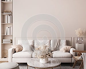 White sofa in living room interior mockup, natural wooden furniture and trendy home accessories on bright beige background