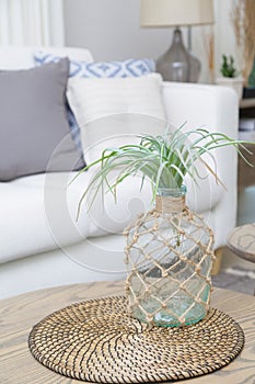 White sofa with many blue pillows in cozy living room