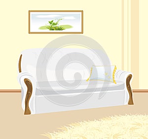White sofa with pillow. Fragment of living room