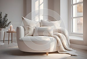 White sofa with pillows and plaid on window sill in room.