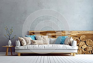 White sofa with pillows and side table with vase with branch against concrete stucco wall with wooden slab and tree logs. Loft
