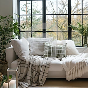 White sofa with plaid and cushions on knitted rug against of grid window between green houseplants. Scandinavian, hygge design