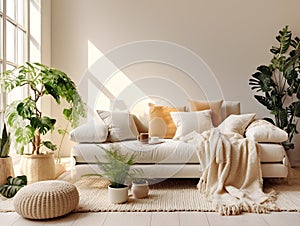 White sofa with plaid and cushions on knitted rug against of grid window between green houseplants. Scandinavian, hygge interior