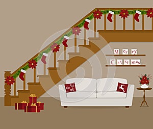 White sofa with red pillows, located under the stairs, decorated with Christmas decoration