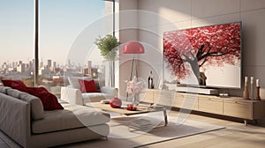 White sofa with red pillows in modern living room with abstract artwork and large window