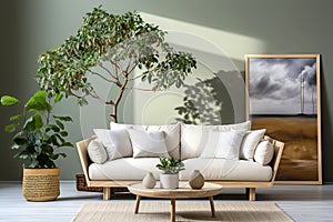 White sofa and round coffee table against green wall. Scandinavian interior design of modern stylish living room. Created with