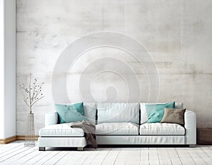 White sofa with turquoise pillows against window near concrete wall. Minimalist home interior design of modern living room